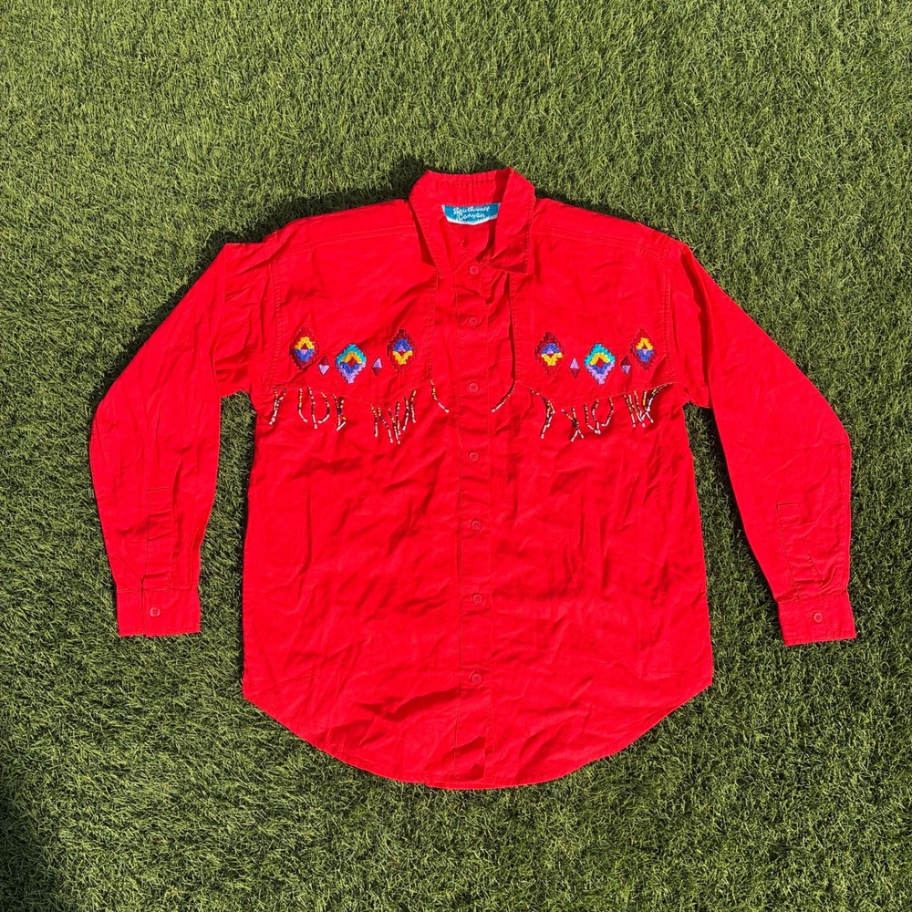 Vintage Southwest Canyon Mens Small Red Western Embroidered Beaded Button Shirt